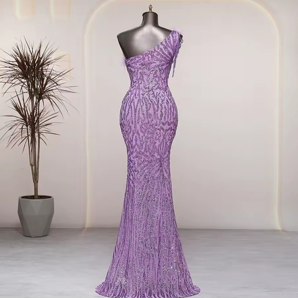 Purple, Geo Print, Assymmetrical Neck, Ostrich Feather, Beaded, Sequined Gown - Picture 9 of 16